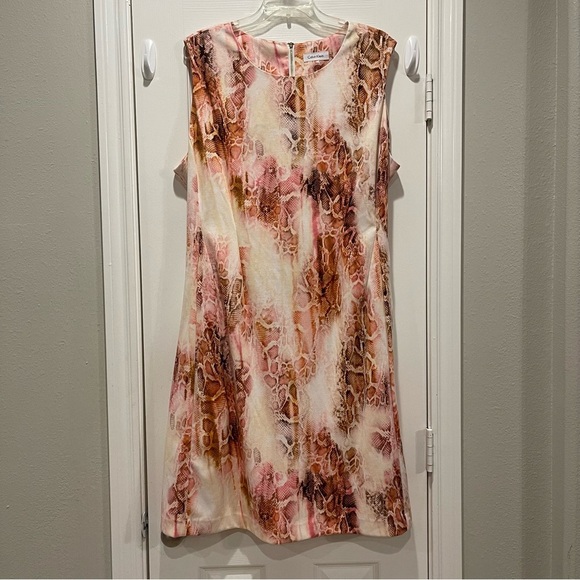 Calvin Klein Dress 22W Pink Snakeskin Belted Flare Office Business Stretch - Picture 2 of 11